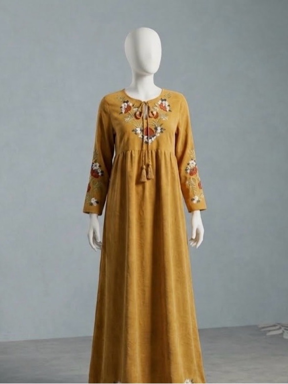 SHEIN Mustard Embroidered Long Sleeve Maxi Dress